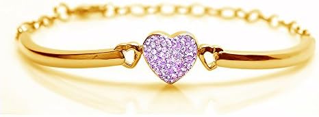 Kids Bracelet- Violet Crystal Heart Yellow Gold Toned Plated Bangle Bracelet Set on a Clay Base Kids, Children,Baby,Girls