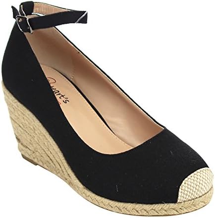 I HEART COLLECTION JULIA-01 Women's Espadrilles Wedge Pumps Half A Size Smaller, Color:BLACK, Size:10
