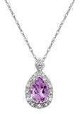 10k White Gold, February Birthstone, Amethyst and Diamond Pear Shaped Pendant