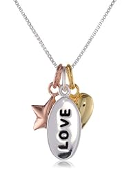 Tri-Colored Sterling Silver with Yellow and Rose Gold Flashed "Love" Charm Necklace with Heart and Star Necklace, 18"