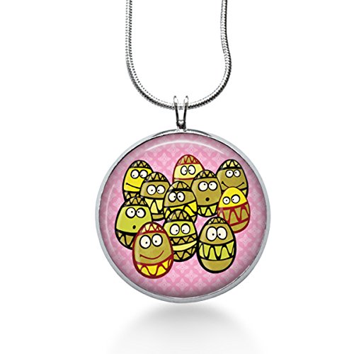 Easter Eggs Necklace - Yellow - Smiley Face Handmade Jewelry, Round Art Pendant