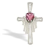 14K White Gold Genuine Heart Pink Tourmaline and Diamond Cross Pendant