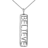 Sterling Silver Believe Open Bar Charm Pendant on 16in-18in Adjustable Box Chain Necklace