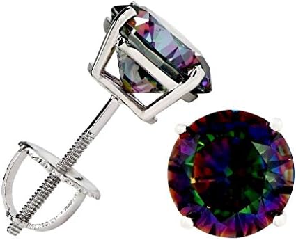 Round Cut Rainbow Mystic Topaz CZ Stud Earrings, 14K White Gold with Screwback Posts (1.8 cttw)