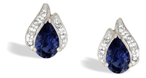 14K White Gold Genuine Pear Sapphire and Diamond Flame Earrings