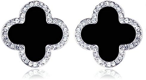 Blingery 925 Sterling Silver Four Leaf Clover Eardrop Black Agate Stub Earrings