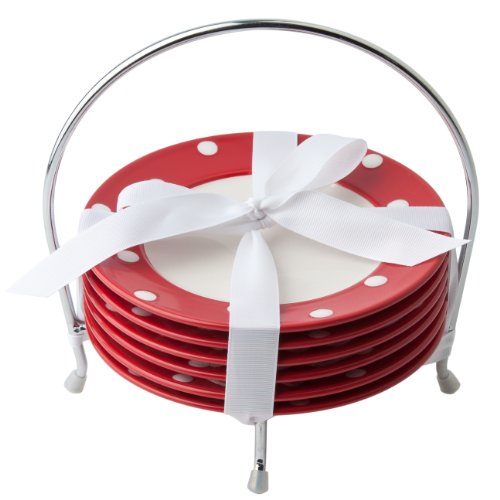 Best Price Signature Housewares Dots 6-Piece 6-Inch Plate Set with Caddy, Red