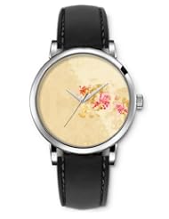 SPRAWL Aanalog Fashion Series Silver Ladies Watches of Genuine Black Leather Strap,Unique Wrist Watch for Women Girls Designed with Border of pink flowers