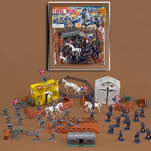 72 Piece Civil War Plastic Army Men Play Set ~ 52mm Union and Confederate Figures, Bridge, Horses, Canon, More!