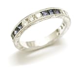 Platinum Filigree Hand Engraved Wedding Band or Stacking Ring, Channel Set Half Circle with Diamonds and Square Shape Sapphires, Ring Size 4 (T.w 0.75)