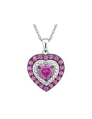 Created Ruby and Pink Sapphire Heart Pendant Necklace with Diamonds 1.0 Carat (ctw) in Sterling Silver with Chain