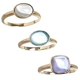 18k Overlay Sterling Silver Blue Oval, Lavender Square and Smoky Oval Glass Ring Set