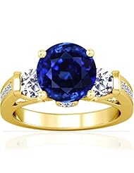 14K Yellow Gold Round Cut Blue Sapphire Ring With Sidestones