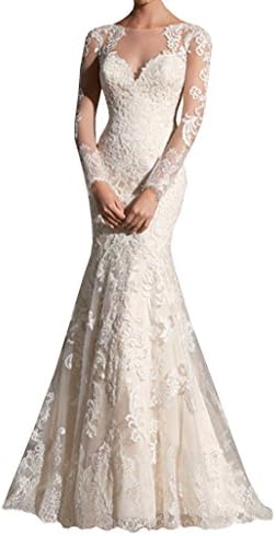 DressOnline Long Sleeves Illusion Neck Mermaid Floral Wedding Gown 8 Ivory