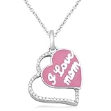 Sterling Silver Enamel I LOVE MOM Heart & Open Heart Diamond Pendant (1/10 cttw, I-J Color, I3 Clarity), 18