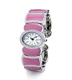 Women's White Dial Pink Enamel Silver Tone Bangle Watch