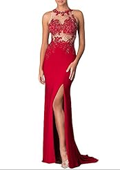 Chiffon/Tulle Scoop Neck Beaded Applique Slit Lace Prom Dress 
