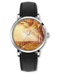 SPRAWL Aanalog Fashion Series Silver Ladies Watches of Genuine Black Leather Strap,Unique Wrist Watch for Women Girls Designed with Autumn in the city