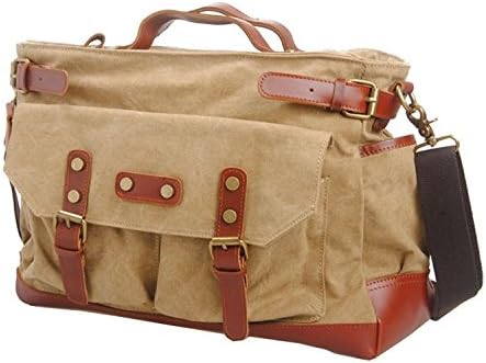 Iblue Vintage Leather Canvas Casual Travel Duffel Tote Laptop Messenger Shoulder Handbag 16 Inch #6859 (KHAKI)