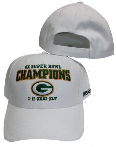 Green Bay Packers White 4X Super Bowl Champs / Champions Adjustable Velcro Hat / Cap