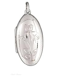 Sterling Silver 18" .8mm Wide Box Chain Necklace With Rose Flower Oval Two Picture Locket Pendant