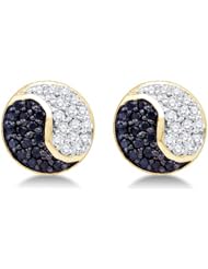 10K Yellow and White Two 2 Tone Gold Round Brilliant Cut Black and White Diamond - Round Shape Yin Yang Channel Set Studs Earrings - (.36 cttw.)