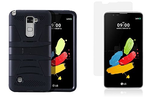 LG Stylo 2 Bundle - [Symbiosis II Defender Series] Kickstand Case [Black], Atom LED and Tempered Glass [0.33mm 9H Hardness] Screen Protector