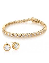 Bling Jewelry CZ Gold Vermeil Bezel Setting Tennis Bracelet Stud Earrings Set