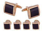Tuxedo Cufflinks and Studs Set - Black and Gold Formal Square Design