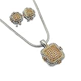 Two Tone Amber Crystal Square Pendant Necklace Earring Set