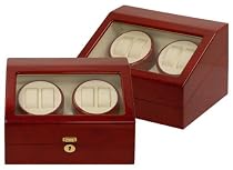 Burgundy Wood Finish Quad Automatic Watch Winder With 6 Additional Watch Storage Spaces, Two Turntable With 4 Program Settings.