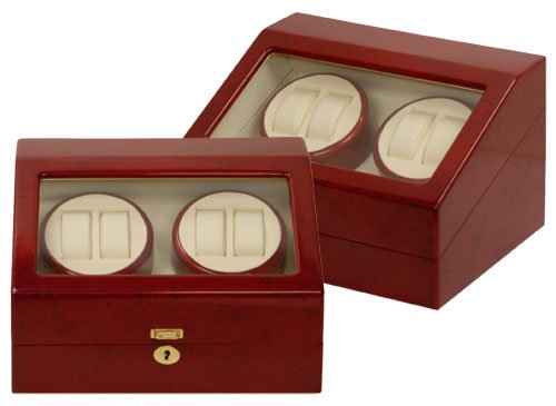 Burgundy Wood Finish Quad Automatic Watch Winder With 6 Additional Watch Storage Spaces  Two Turntable With 4 Program Settings.