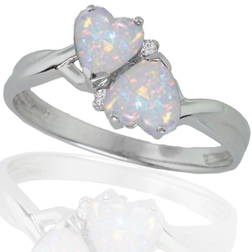 10k White Gold Created Opal and Diamond Heart