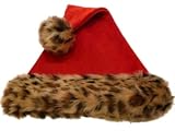 Holiday Time Red Velvet Santa Hat with Leopard Spot Faux Fur Trim & Pom Pom Topper