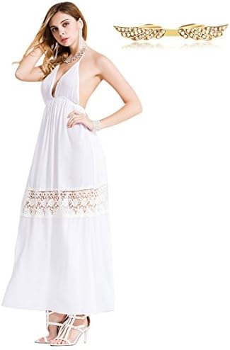 Tyyliks Women's Sexy Strap Halter Deep V Neck Backless Lace Hollow Maxi Dress