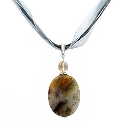 Necklace - N44 - Genuine Semi Precious Gemstone on Five-Strand Organza and Cotton Cord + 2" Extension Chain - Oval Shape ~ Phantom Quartz