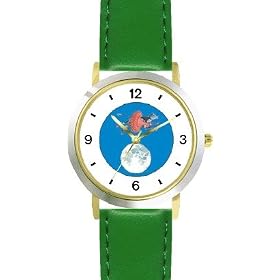 Hey Diddle Diddle - The Cow Jumped Over the Moon No.3 - from Mother Goose by Artist: Sylvia Long - WATCHBUDDY� DELUXE TWO-TONE THEME WATCH - Arabic Numbers - Green Leather Strap-Size-Children's Size-Small ( Boy's Size & Girl's Size )