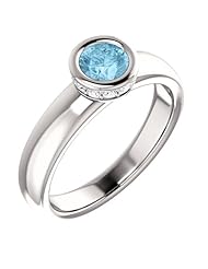 14K White Gold 5.00mm Round Cut Aquamarine and Diamond Ring -- LIFETIME WARRANTY