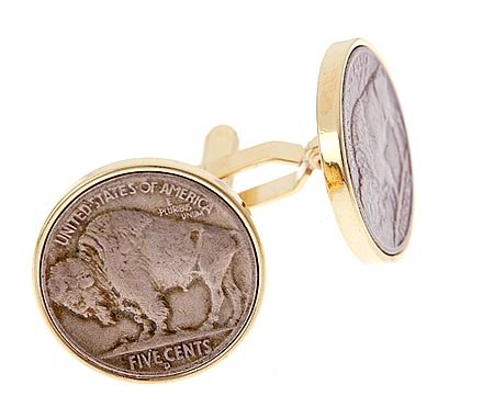Gold plated Buffalo nickel 5 cent coin cufflinks with presentation box. Made in the U.S.A
