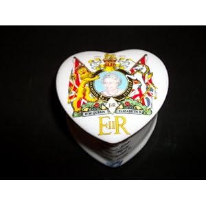 H M Queen Elizabeth II Diamond Jubilee Coat Of Arms Heart Shaped Ceramic Trinket Jewellery Box