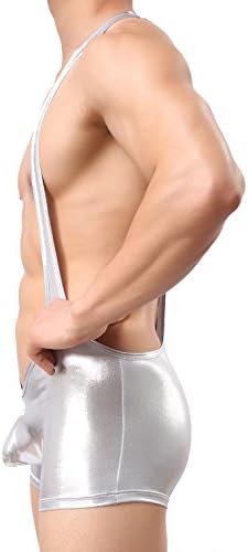 Tirain Men Sexy Wrestling Singlet Faux Leather Underwear Lingerie Bodysuit Pant (Large, Silver)