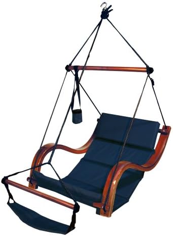 Hammaka Midnight Blue Hammocks Nami Swing Hanging Wave Lounge Chair Outdoor / Porch / Patio Furniture With Wooden Armrest, Footrest, Pillow & Drink Holder