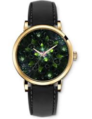 SPRAWL Aanalog Fashion Series Gold Ladies Watches of Genuine Black Leather Strap,Unique Wrist Watch for Women Girls Designed with Green leaves and purple flower