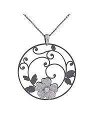 Sterling Silver Gunmetal Color Simulated Diamond Floral Round Pendant Necklace, 18"