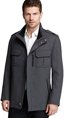 Cole Haan New York City Gray Wool Twill Jacket Large Lambskin Leather Trim