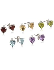 Sterling Silver Amethyst, Citrine, Blue Topaz, Garnet and Peridot Heart Stud Earrings , Set of Five