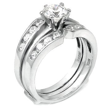 Sterling Silver Cubic Zirconia CZ Wedding Engagement Ring Set