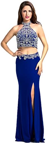 VKT Split Style Halter Beading Sheath Two Piece Prom Dresses 4 Royal Blue(As Picture)