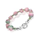 .925 Sterling Silver Pink and Green Jade Swarovski Crystal Bracelet 7.5 With Toggle Clasp