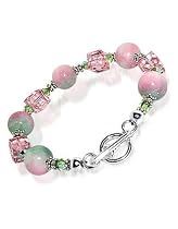 .925 Sterling Silver Pink & Green Jade Swarovski Crystal Bracelet 7.5" With Toggle Clasp
